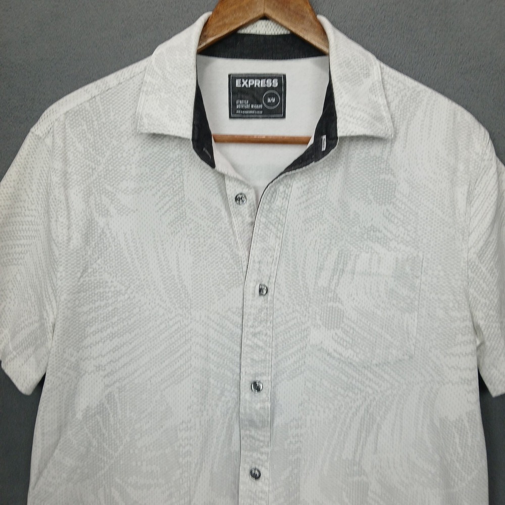 Express Shirt Men Medium White Tropical Print Stretch Moisture Wicking Button Up - Picture 2 of 8